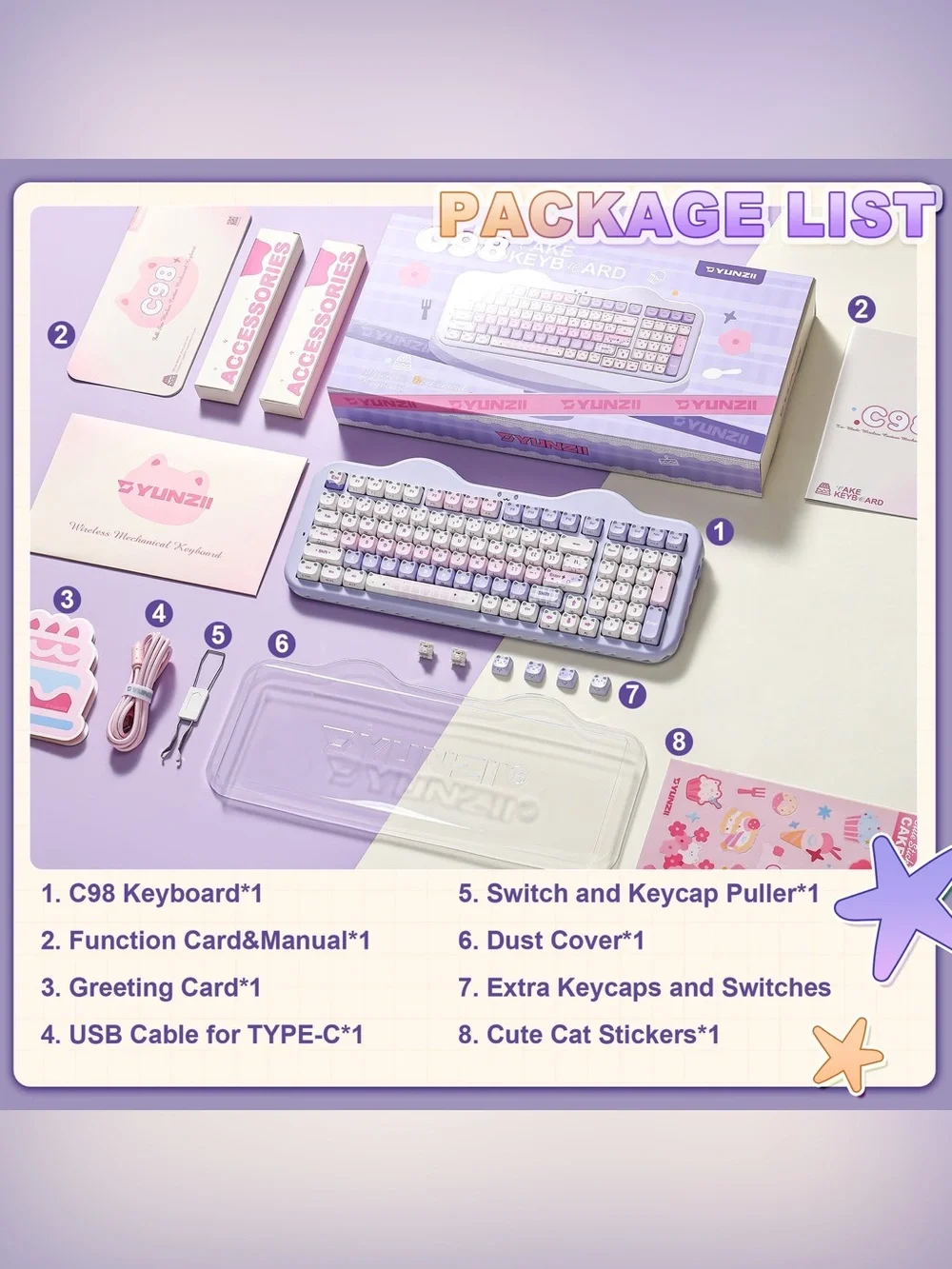 Yunzii C98 Purple MAO Keyboard Cake Cat Wireless Mechanical Milk Switches